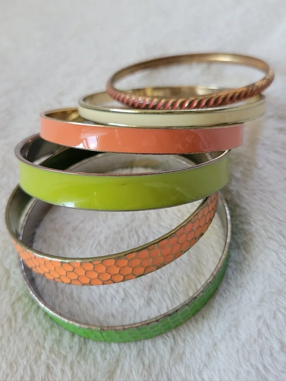 Mixed Gold Tone Orange/Green Stackable Enamel Bangle Bracelet Bundle [6pc]